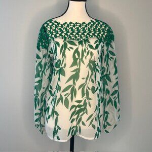 Women's White and Green Flowy Leaf Print Blouse with Lace, Size Small